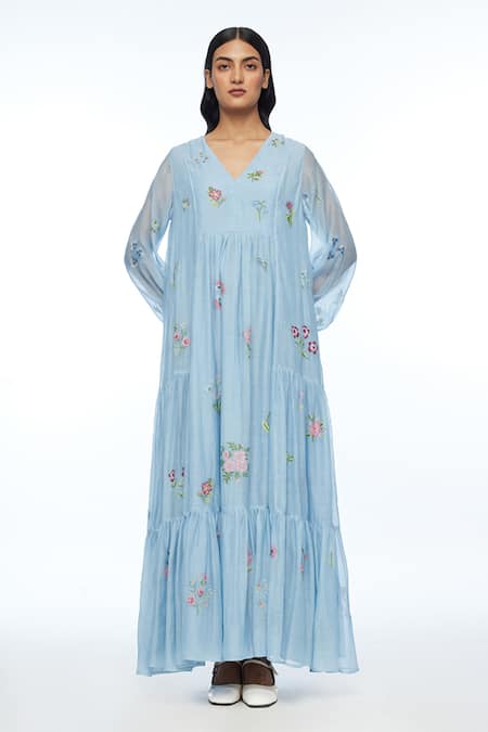 Buy Payal Pratap Blue Cotton, Silk Embroidery V-neck Diplodonta Dress Online at Aza Fashions Buy_Payal Pratap_Blue Cotton, Silk Embroidery V-neck Diplodonta Dress _Online_at_Aza_Fashions