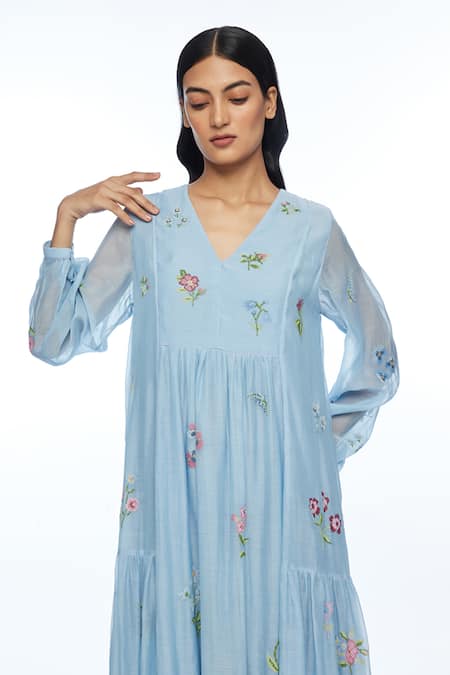Shop Payal Pratap Blue Cotton, Silk Embroidery V-neck Diplodonta Dress Online at Aza Fashions Shop_Payal Pratap_Blue Cotton, Silk Embroidery V-neck Diplodonta Dress _Online_at_Aza_Fashions