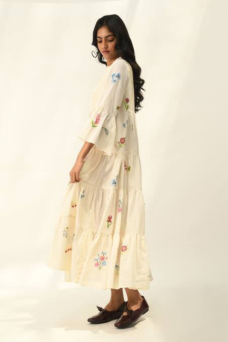 Shop Payal Pratap Ivory Handloom Cotton Embroidery V-neck Corymbifera Dress at Aza Fashions Shop_Payal Pratap_Ivory Handloom Cotton Embroidery V-neck Corymbifera Dress _at_Aza_Fashions