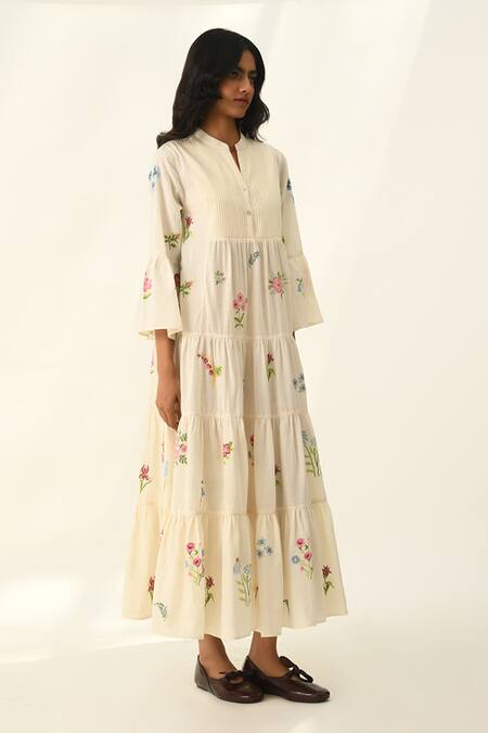 Payal Pratap Ivory Handloom Cotton Embroidery V-neck Corymbifera Dress Online at Aza Fashions Payal Pratap_Ivory Handloom Cotton Embroidery V-neck Corymbifera Dress _Online_at_Aza_Fashions
