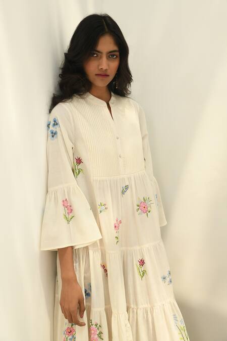 Shop Payal Pratap Ivory Handloom Cotton Embroidery V-neck Corymbifera Dress Online at Aza Fashions Shop_Payal Pratap_Ivory Handloom Cotton Embroidery V-neck Corymbifera Dress _Online_at_Aza_Fashions