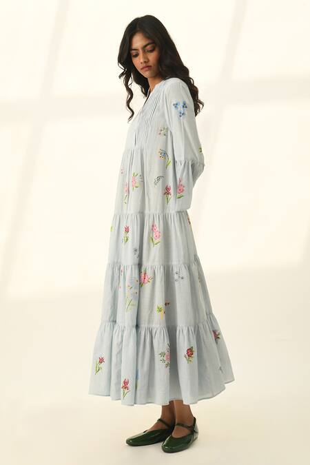 Payal Pratap Blue Cotton Embroidery V-neck Corymbifera Dress Online at Aza Fashions Payal Pratap_Blue Cotton Embroidery V-neck Corymbifera Dress _Online_at_Aza_Fashions