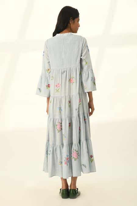 Shop Payal Pratap Blue Cotton Embroidery V-neck Corymbifera Dress at Aza Fashions Shop_Payal Pratap_Blue Cotton Embroidery V-neck Corymbifera Dress _at_Aza_Fashions