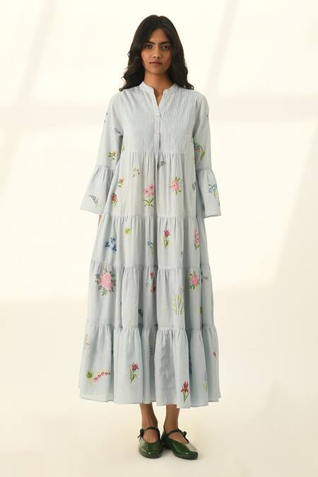 Buy Payal Pratap Blue Cotton Embroidery V-neck Corymbifera Dress Online at Aza Fashions Buy_Payal Pratap_Blue Cotton Embroidery V-neck Corymbifera Dress _Online_at_Aza_Fashions