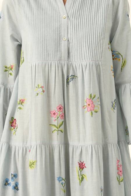 Shop Payal Pratap Blue Cotton Embroidery V-neck Corymbifera Dress Online at Aza Fashions Shop_Payal Pratap_Blue Cotton Embroidery V-neck Corymbifera Dress _Online_at_Aza_Fashions