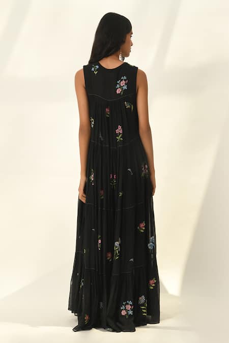 Shop Payal Pratap Black Cotton, Silk Embroidery Round Neck Glabrifolia Dress at Aza Fashions Shop_Payal Pratap_Black Cotton, Silk Embroidery Round Neck Glabrifolia Dress _at_Aza_Fashions