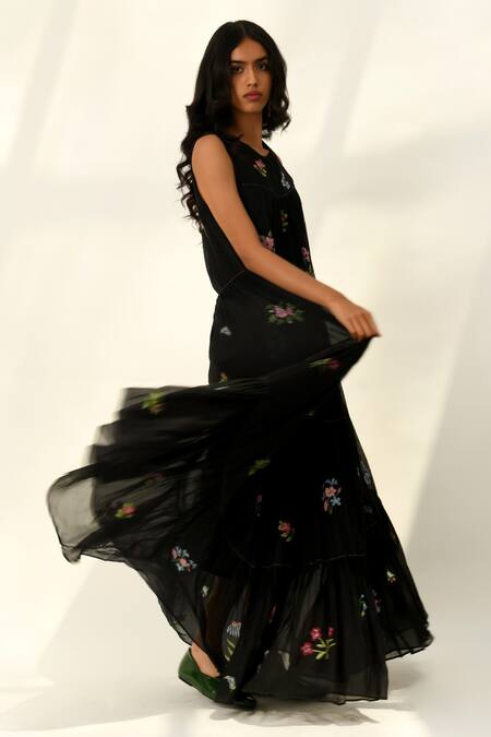 Shop Payal Pratap Black Cotton, Silk Embroidery Round Neck Glabrifolia Dress Online at Aza Fashions Shop_Payal Pratap_Black Cotton, Silk Embroidery Round Neck Glabrifolia Dress _Online_at_Aza_Fashions