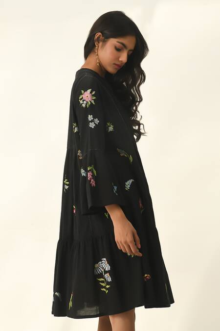 Payal Pratap Black Handloom Cotton Embroidery V-neck Elina Tiered Short Dress Online at Aza Fashions Payal Pratap_Black Handloom Cotton Embroidery V-neck Elina Tiered Short Dress _Online_at_Aza_Fashions