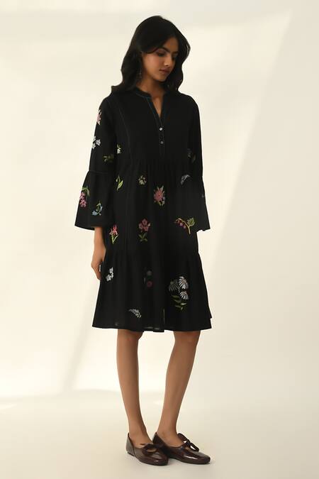 Buy Payal Pratap Black Handloom Cotton Embroidery V-neck Elina Tiered Short Dress Online at Aza Fashions Buy_Payal Pratap_Black Handloom Cotton Embroidery V-neck Elina Tiered Short Dress _Online_at_Aza_Fashions