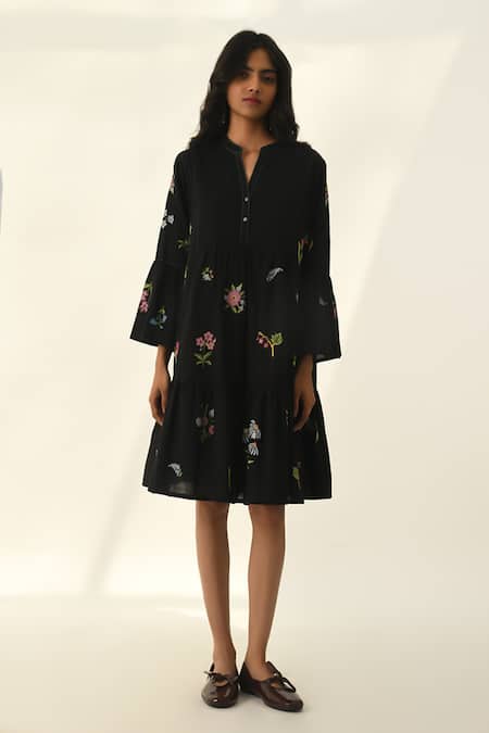 Payal Pratap Black Handloom Cotton Embroidery V-neck Elina Tiered Short Dress