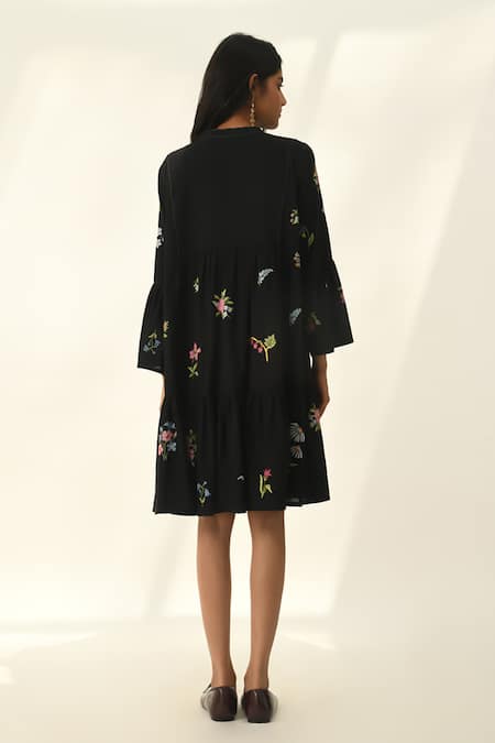 Shop Payal Pratap Black Handloom Cotton Embroidery V-neck Elina Tiered Short Dress at Aza Fashions Shop_Payal Pratap_Black Handloom Cotton Embroidery V-neck Elina Tiered Short Dress _at_Aza_Fashions