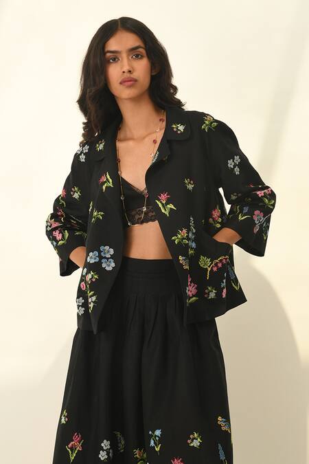 Payal Pratap Black Viscose, Linen Embroidery Round Neck Stellata Cross Stitch Jacket at Aza Fashions Payal Pratap_Black Viscose, Linen Embroidery Round Neck Stellata Cross Stitch Jacket _at_Aza_Fashions