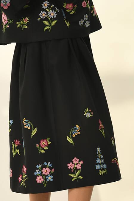 Shop Payal Pratap Black Viscose, Linen Embroidery Bellinda Pleated Skirt Online at Aza Fashions Shop_Payal Pratap_Black Viscose, Linen Embroidery Bellinda Pleated Skirt _Online_at_Aza_Fashions