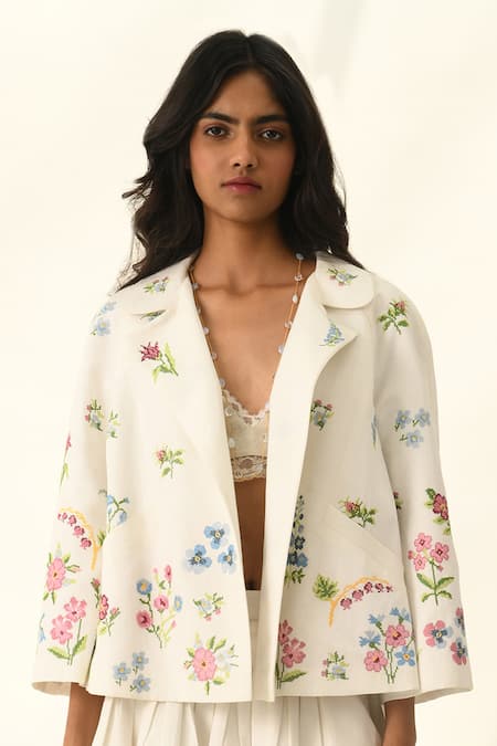 Payal Pratap Beige Viscose, Linen Embroidery Round Neck Stellata Cross Stitch Jacket Online at Aza Fashions Payal Pratap_Beige Viscose, Linen Embroidery Round Neck Stellata Cross Stitch Jacket _Online_at_Aza_Fashions