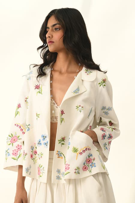 Shop Payal Pratap Beige Viscose, Linen Embroidery Round Neck Stellata Cross Stitch Jacket Online at Aza Fashions Shop_Payal Pratap_Beige Viscose, Linen Embroidery Round Neck Stellata Cross Stitch Jacket _Online_at_Aza_Fashions