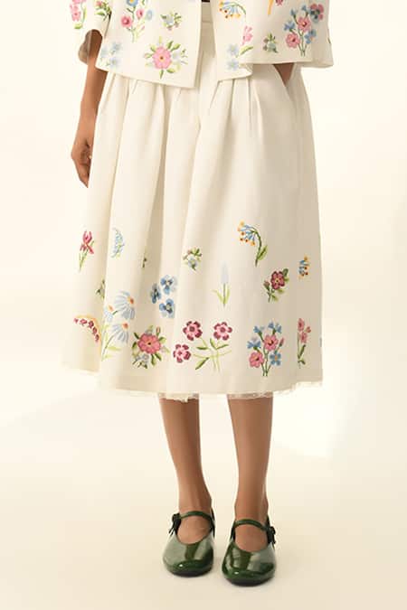 Shop Payal Pratap Beige Viscose, Linen Embroidery Bellinda Pleated Skirt Online at Aza Fashions Shop_Payal Pratap_Beige Viscose, Linen Embroidery Bellinda Pleated Skirt _Online_at_Aza_Fashions