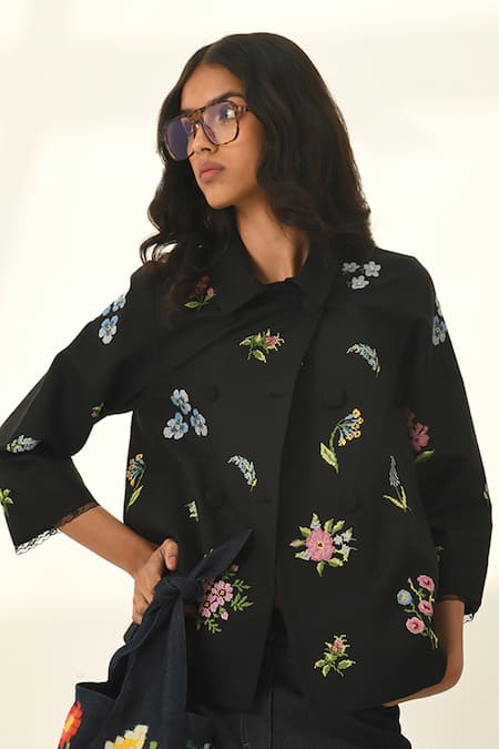 Buy Payal Pratap Black Viscose, Linen Embroidery Round Neck Ambridge Double Breasted Jacket Online at Aza Fashions Buy_Payal Pratap_Black Viscose, Linen Embroidery Round Neck Ambridge Double Breasted Jacket _Online_at_Aza_Fashions