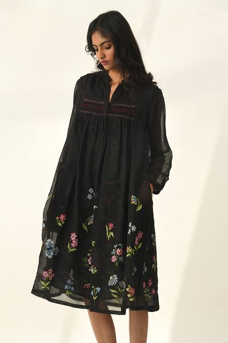 Shop Payal Pratap Black Cotton, Silk Embroidery V-neck Cross-stitch Tunic Dress Online at Aza Fashions Shop_Payal Pratap_Black Cotton, Silk Embroidery V-neck Cross-stitch Tunic Dress _Online_at_Aza_Fashions