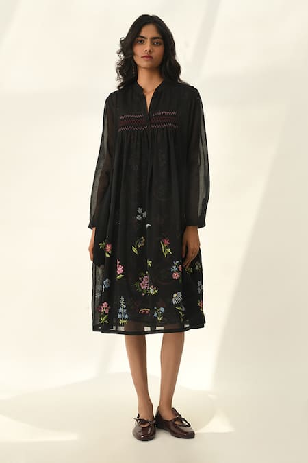 Payal Pratap Black Cotton, Silk Embroidery V-neck Cross-stitch Tunic Dress