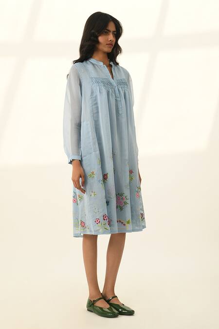 Payal Pratap Blue Cotton, Silk Embroidery V-neck Flowy Tunic Dress With Online at Aza Fashions Payal Pratap_Blue Cotton, Silk Embroidery V-neck Flowy Tunic Dress With _Online_at_Aza_Fashions