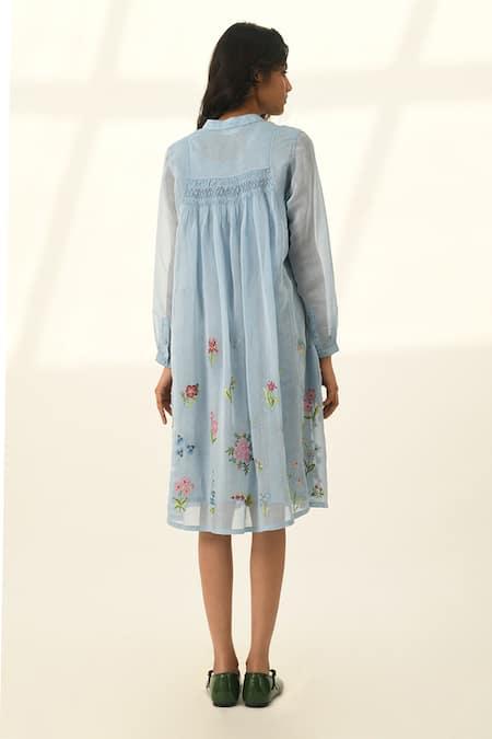 Shop Payal Pratap Blue Cotton, Silk Embroidery V-neck Flowy Tunic Dress With at Aza Fashions Shop_Payal Pratap_Blue Cotton, Silk Embroidery V-neck Flowy Tunic Dress With _at_Aza_Fashions