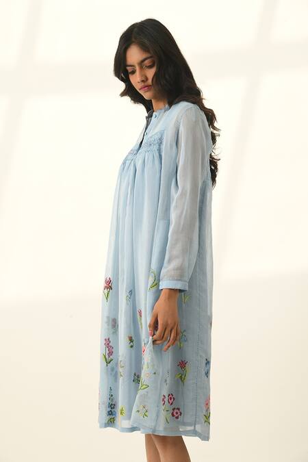 Buy Payal Pratap Blue Cotton, Silk Embroidery V-neck Flowy Tunic Dress With Online at Aza Fashions Buy_Payal Pratap_Blue Cotton, Silk Embroidery V-neck Flowy Tunic Dress With _Online_at_Aza_Fashions