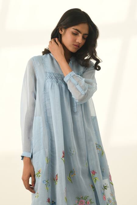 Shop Payal Pratap Blue Cotton, Silk Embroidery V-neck Flowy Tunic Dress With Online at Aza Fashions Shop_Payal Pratap_Blue Cotton, Silk Embroidery V-neck Flowy Tunic Dress With _Online_at_Aza_Fashions