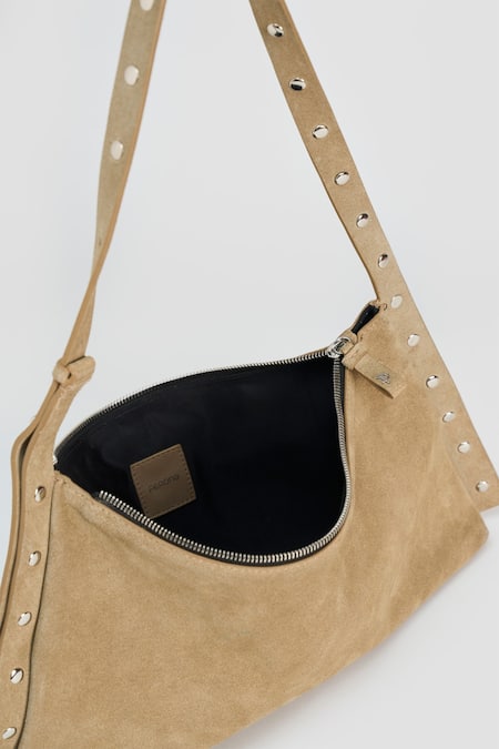 Perona_Beige Studs Cow Suede Designer Bag _Online_at_Aza_Fashions