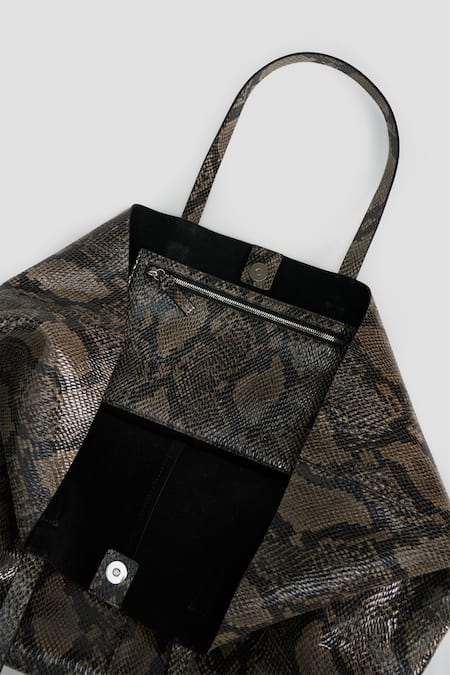Perona_Gray Grey Lamb Snake Print Tote Bag _at_Aza_Fashions