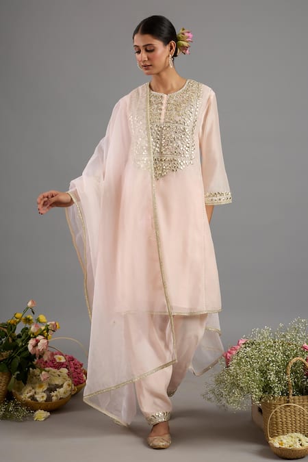 Saina Kapoor Peach Chanderi, Organza Sequins, Embroidery Round Neck Pink Kurta Set 