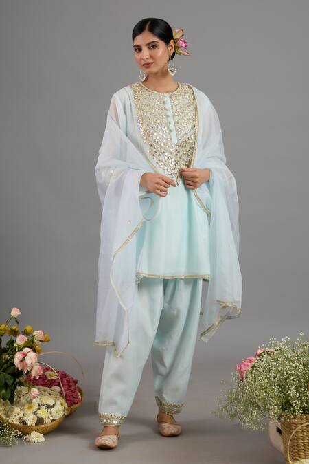 Shop saina kapoor Green Chanderi, Organza Embroidery, Sequins Round Neck Kurta Set Online at Aza Fashions Shop_saina kapoor_Green Chanderi, Organza Embroidery, Sequins Round Neck Kurta Set _Online_at_Aza_Fashions