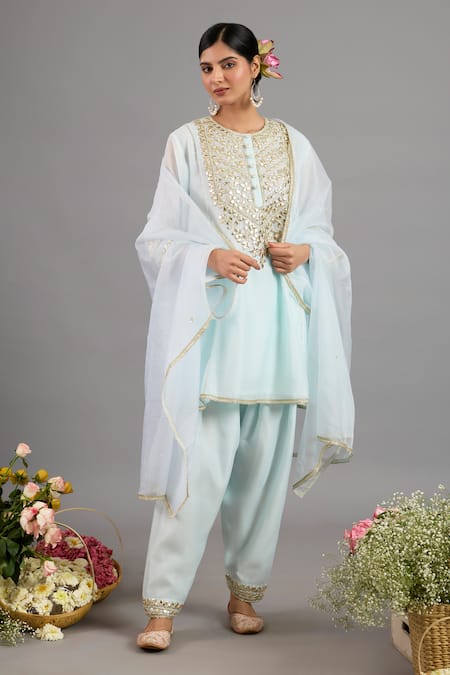 Saina Kapoor Blue Chanderi, Organza Sequins, Embroidery Round Neck Designer Kurta Set 