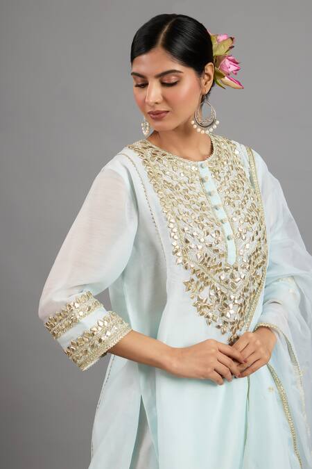 Buy_saina kapoor_Blue Chanderi, Organza Sequins, Embroidery Round Neck Designer Kurta Set _Online_at_Aza_Fashions