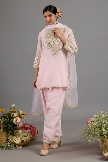 Saina Kapoor Pink Chanderi, Organza Sequins, Embroidery Round Neck Baby Kurta Set 