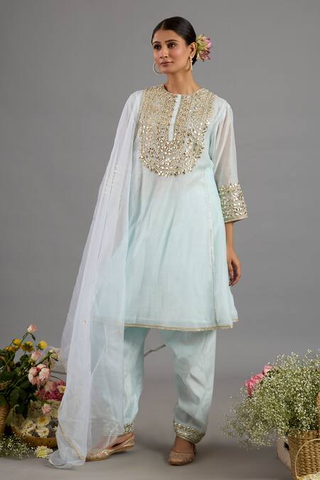 Shop_saina kapoor_Blue Chanderi, Organza Embroidery Round Neck Designer Ice Kurta Set _Online_at_Aza_Fashions
