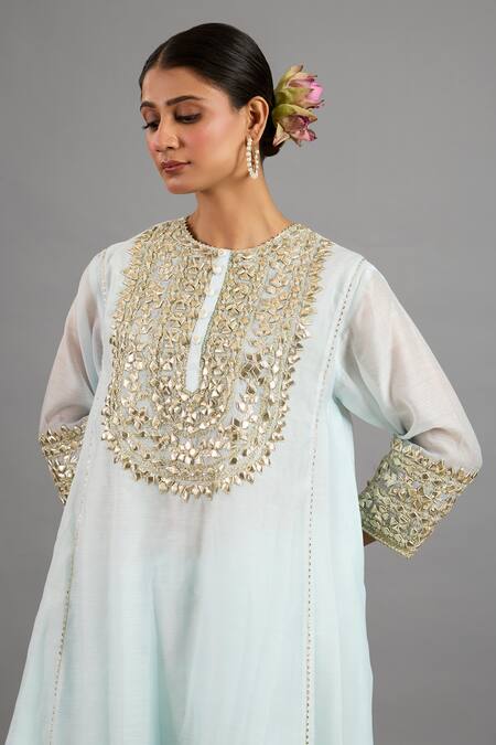 saina kapoor_Blue Chanderi, Organza Embroidery Round Neck Designer Ice Kurta Set _at_Aza_Fashions