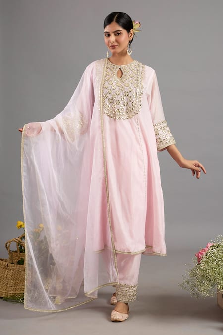 Saina Kapoor Pink Chanderi, Organza Embroidery, Sequins Round Neck Baby Kurta Set 