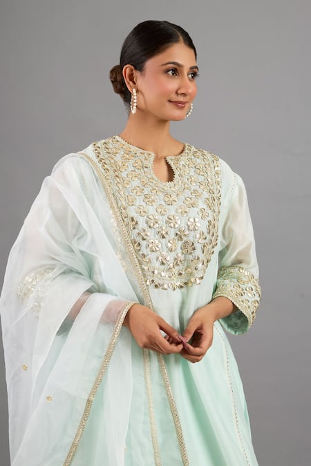 Buy saina kapoor Green Chanderi, Organza Embroidery, Beads Round Neck Mint Kurta Set Online at Aza Fashions Buy_saina kapoor_Green Chanderi, Organza Embroidery, Beads Round Neck Mint Kurta Set _Online_at_Aza_Fashions