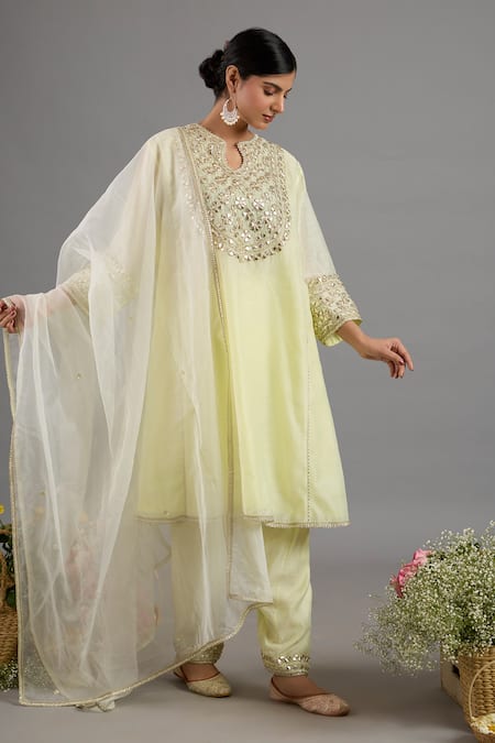 Saina Kapoor Yellow Chanderi, Organza Embroidery Keyhole Neck Kurta Set 