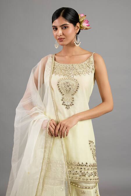 Buy saina kapoor Beige Chanderi, Organza Embroidery, Sequins Round Neck Gharara Set With Dupatta Online at Aza Fashions Buy_saina kapoor_Beige Chanderi, Organza Embroidery, Sequins Round Neck Gharara Set With Dupatta _Online_at_Aza_Fashions