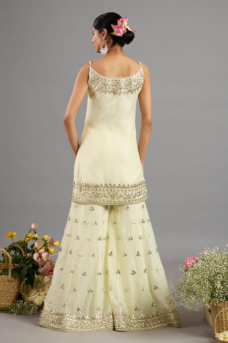 Shop saina kapoor Beige Chanderi, Organza Embroidery, Sequins Round Neck Gharara Set With Dupatta at Aza Fashions Shop_saina kapoor_Beige Chanderi, Organza Embroidery, Sequins Round Neck Gharara Set With Dupatta _at_Aza_Fashions