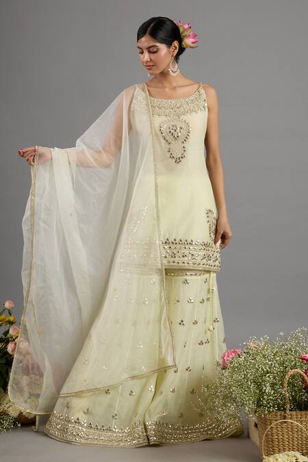 Shop saina kapoor Beige Chanderi, Organza Embroidery, Sequins Round Neck Gharara Set With Dupatta Online at Aza Fashions Shop_saina kapoor_Beige Chanderi, Organza Embroidery, Sequins Round Neck Gharara Set With Dupatta _Online_at_Aza_Fashions