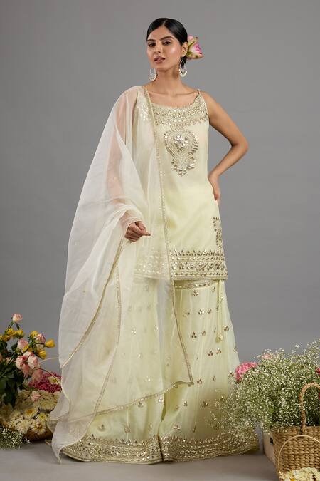 Buy saina kapoor Beige Chanderi, Organza Embroidery, Sequins Round Neck Gharara Set With Dupatta Buy_saina kapoor_Beige Chanderi, Organza Embroidery, Sequins Round Neck Gharara Set With Dupatta