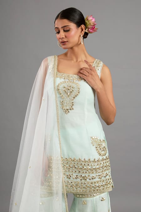 saina kapoor Mint Chanderi, Organza Sequins, Beads Square Green Embellished Kurta Gharara Set Online at Aza Fashions saina kapoor_Mint Chanderi, Organza Sequins, Beads Square Green Embellished Kurta Gharara Set _Online_at_Aza_Fashions