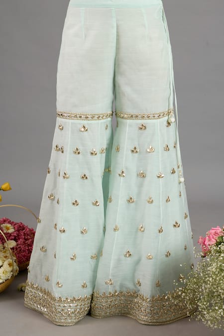 Buy saina kapoor Mint Chanderi, Organza Sequins, Beads Square Green Embellished Kurta Gharara Set Online at Aza Fashions Buy_saina kapoor_Mint Chanderi, Organza Sequins, Beads Square Green Embellished Kurta Gharara Set _Online_at_Aza_Fashions