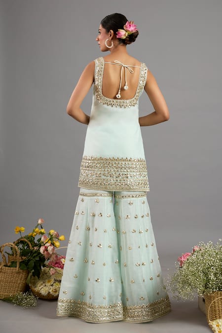 Shop saina kapoor Mint Chanderi, Organza Sequins, Beads Square Green Embellished Kurta Gharara Set at Aza Fashions Shop_saina kapoor_Mint Chanderi, Organza Sequins, Beads Square Green Embellished Kurta Gharara Set _at_Aza_Fashions