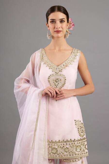 Buy saina kapoor Pink Chanderi, Organza Sequins, Embroidery V-neck Kurta Gharara Set Online at Aza Fashions Buy_saina kapoor_Pink Chanderi, Organza Sequins, Embroidery V-neck Kurta Gharara Set _Online_at_Aza_Fashions