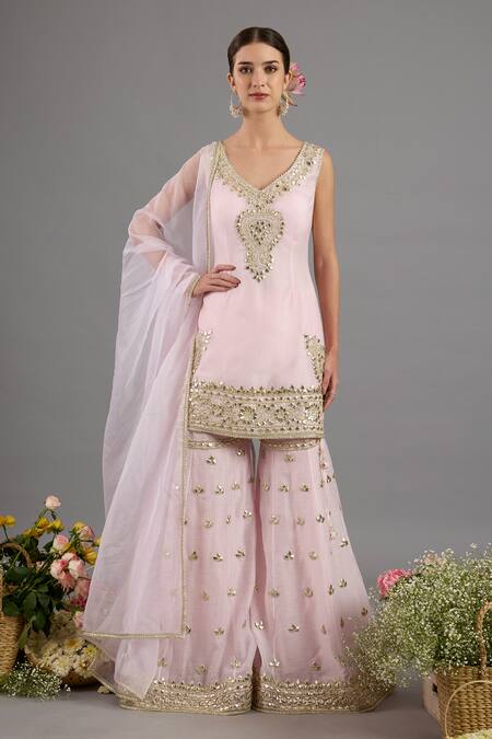 Shop saina kapoor Pink Chanderi, Organza Sequins, Embroidery V-neck Kurta Gharara Set Online at Aza Fashions Shop_saina kapoor_Pink Chanderi, Organza Sequins, Embroidery V-neck Kurta Gharara Set _Online_at_Aza_Fashions