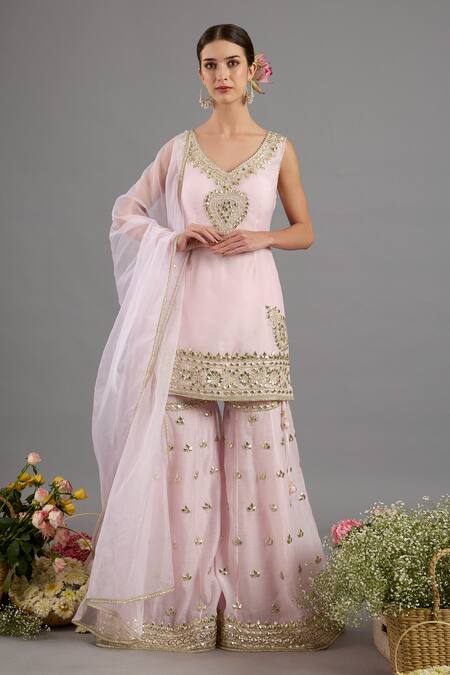 saina kapoor Pink Chanderi, Organza Sequins, Embroidery V-neck Kurta Gharara Set at Aza Fashions saina kapoor_Pink Chanderi, Organza Sequins, Embroidery V-neck Kurta Gharara Set _at_Aza_Fashions