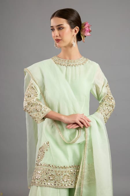 saina kapoor Green Chanderi, Organza Sequins, Embroidery Round Neck Kurta Sharara Set Online at Aza Fashions saina kapoor_Green Chanderi, Organza Sequins, Embroidery Round Neck Kurta Sharara Set _Online_at_Aza_Fashions